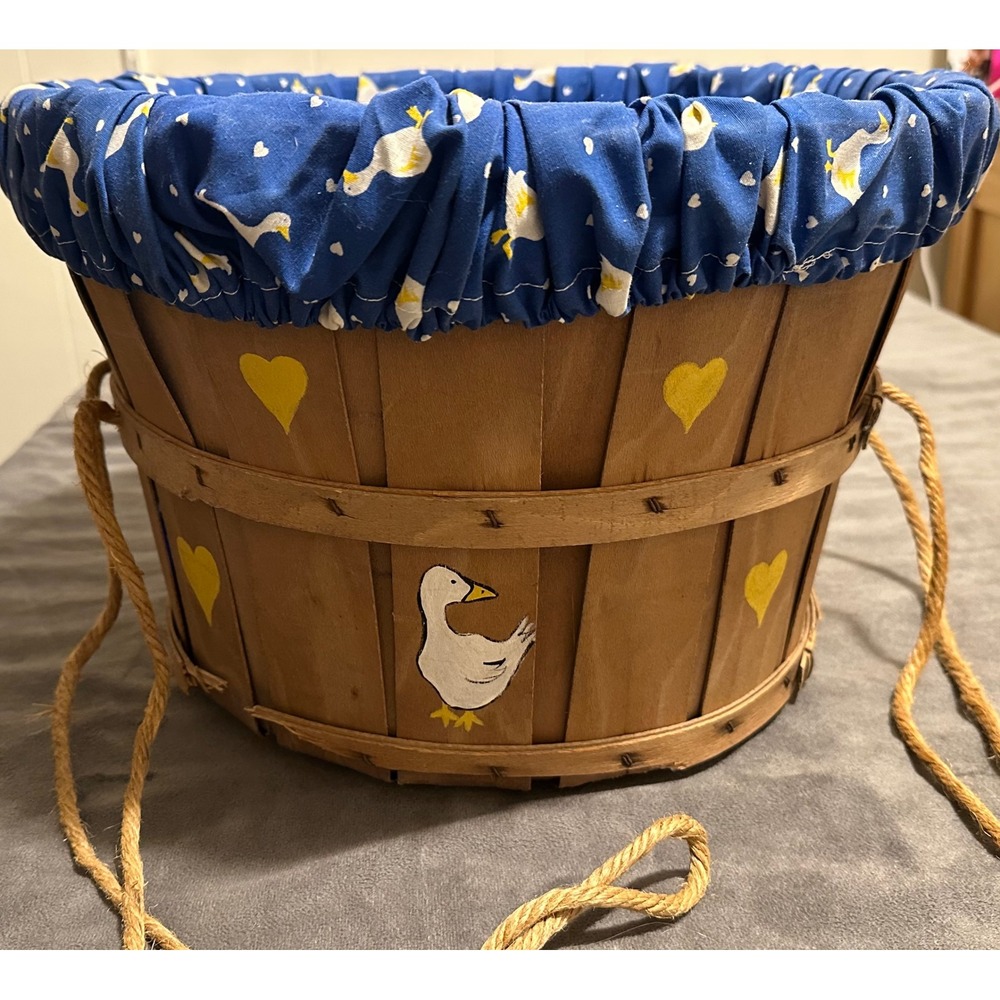 Vintage Country Goose Hand Painted Wood Slat Basket with Blue Goose Fabric Liner